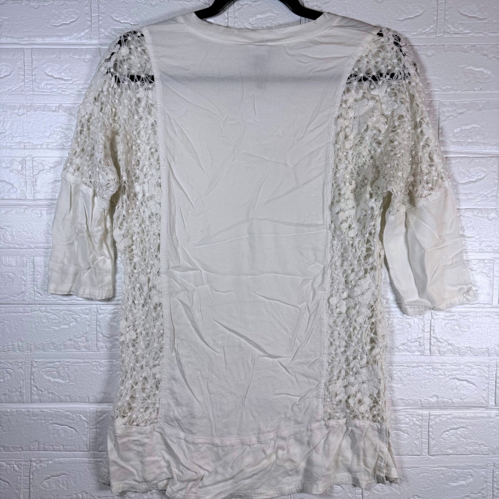 XCVI V-Neck Top Womens Large White Crochet Lace Panel 3/4 Sleeve Boho - Picture 2 of 6